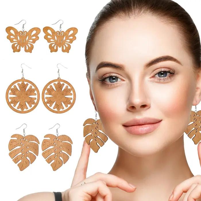 Boucles d'oreilles Boho géométriques en bois faites à la main pour femmes