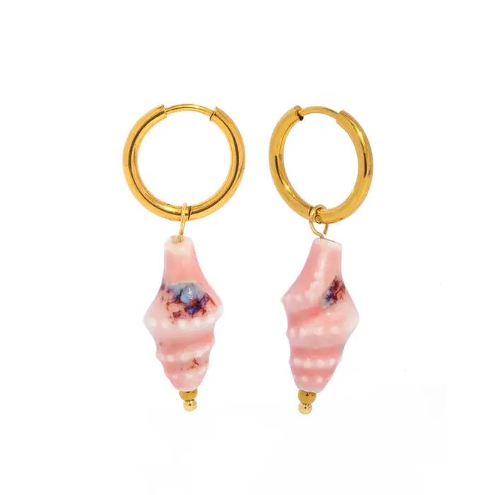 Boucles d'oreilles pendantes conque pour femmes, en céramique colorée avec cercles en acier inoxydab