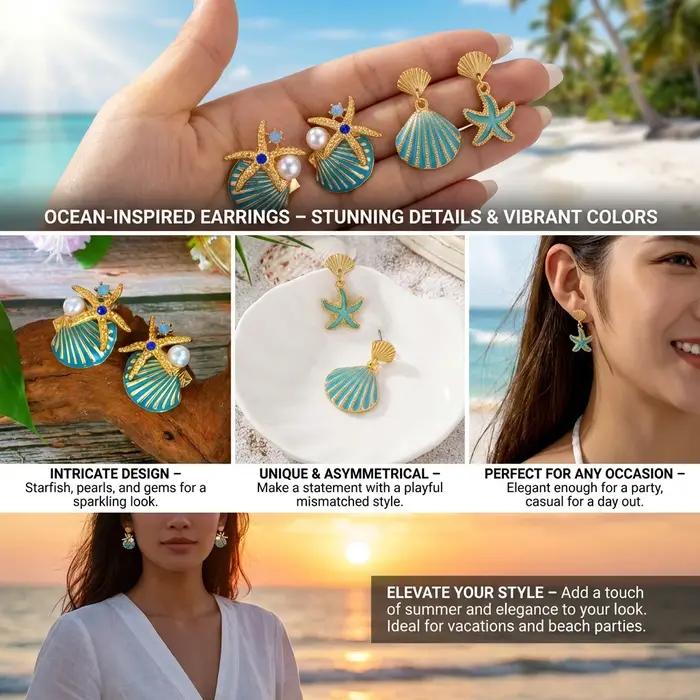 Boucles d'oreilles tendance en forme de coquillage et d'étoile de mer pour femmes