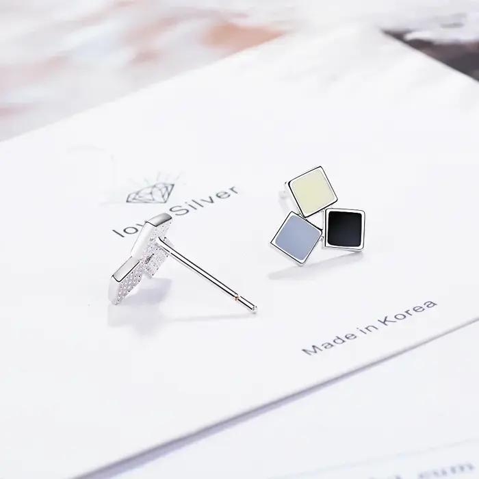 Boucles d'oreilles à clous carrées en argent Sterling 925 avec zirconium et cristal pour femme style élégant et moderne