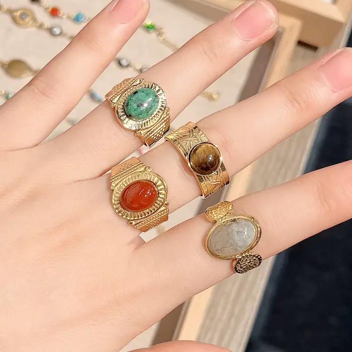Bagues rétro imperméables en acier inoxydable pour femmes, uniques, de haute qualité, style bohémien, pierre naturelle, larges, ouvertes, bijoux, cadeau de fête, 2025