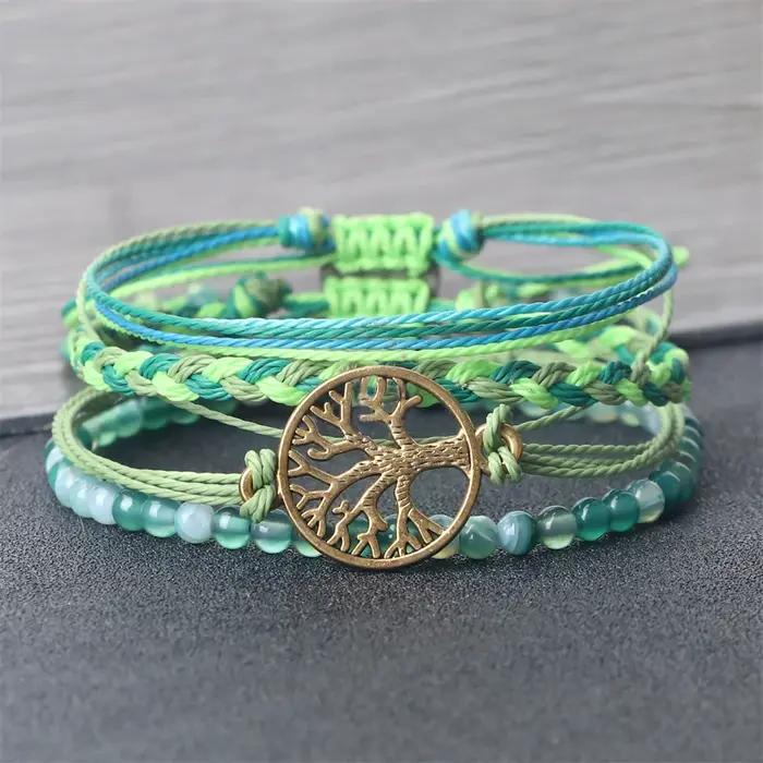 Bracelet Arbre de Vie Boho Chic pour Hommes et Femmes, Ensemble de 4 Pièces en Perles Naturelles et Corde Tressée Manuelle Occasions Spéciales