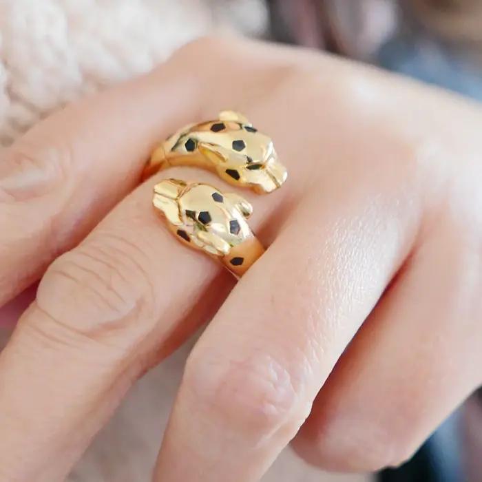 Bague ouverte à la panthère avec motifs taches noires bijou plaqué or pour homme et femme occasions spéciales style animal de compagnie zircone cubique ajustable