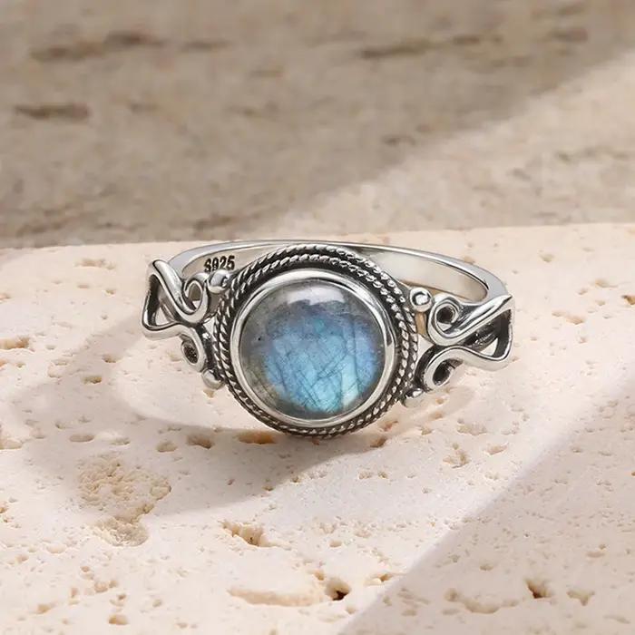 Bague Vintage en argent Sterling 925 avec pierre de Labradorite naturelle