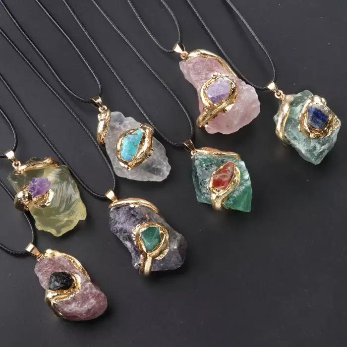 Collier avec pendentif rugueux en pierre naturelle pour hommes et femmes, cristal doré irrégulier, guérison Reiki, Quartz clair, Fluorite, Chakra, bijoux