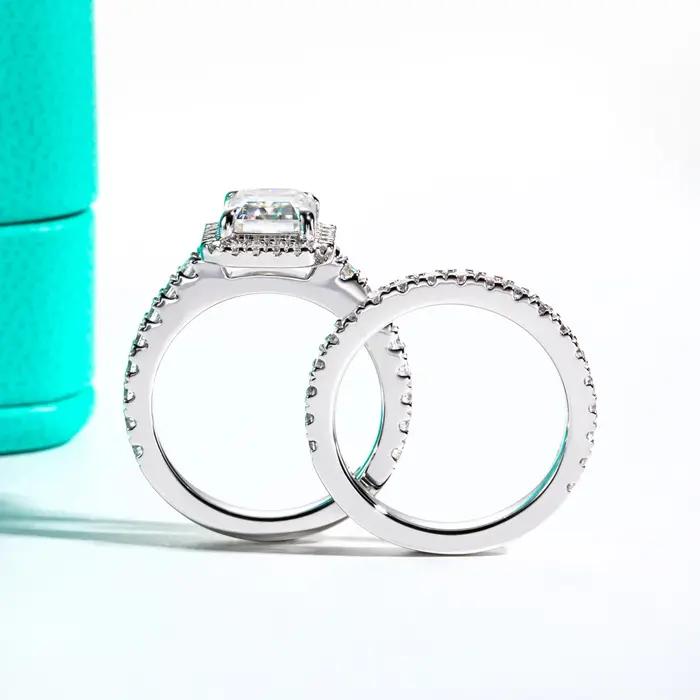 3ct émeraude coupe D couleur Moissanite Halo bague de mariée ensemble Vintage alliance bagues en argent avec Cer bijoux