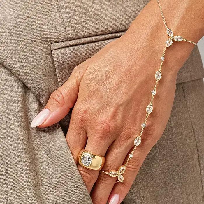 Bracelet tendance en acier inoxydable et zircon pour femme, design minimaliste goutte d'eau, longue chaîne, bijou de doigt, cadeau
