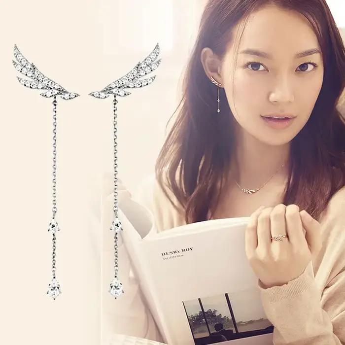 Boucles d'oreilles aile d'ange en cristal pour femmes et filles, argent regardé 925, bijoux de décla