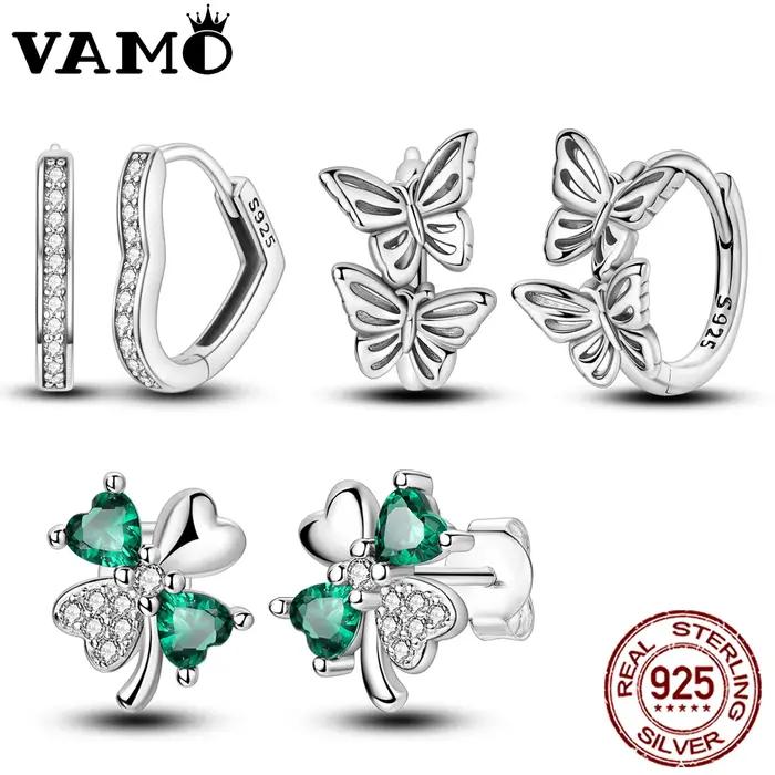 VAMO 925 boucles d'oreilles en argent Sterling bijoux cerceau trèfle clous d'oreille scintillant pavé papillon boucle