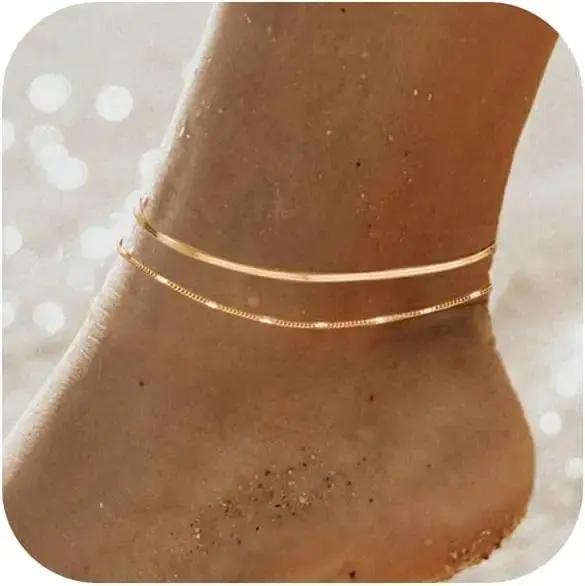 Bracelets de cheville pour femmes, plaqué or véritable 14 carats, perles, chaîne réglable, étanche,