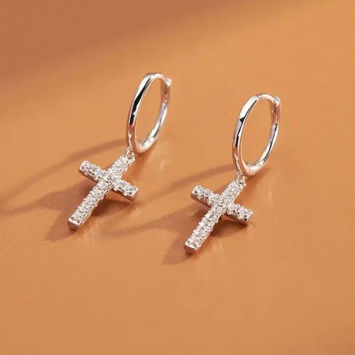 Boucles d'oreilles croix en argent regardé 925 pour femmes, bijoux créatifs et sexy, cadeau personnalisé