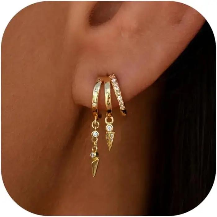 Femmes boucles d'oreilles 14k plaqué or véritable Triple Huggie boucles d'oreilles déclaration chaîn