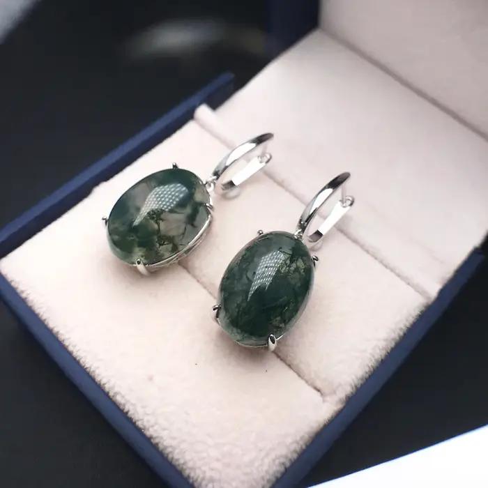 Boucles d'Oreilles en Agate Mousse Naturelle pour Femme, Argent Massif 925, Pierre Précieuse Indienne, 13x18mm, Dimensions de Mariage, Cadeau de ix