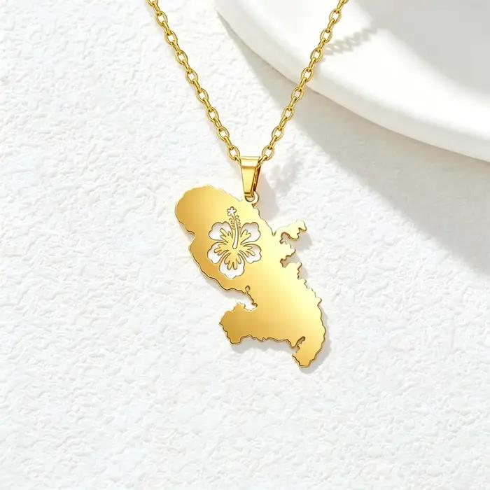 Collier Carte de la Martinique avec Fleur d'Hibiscus