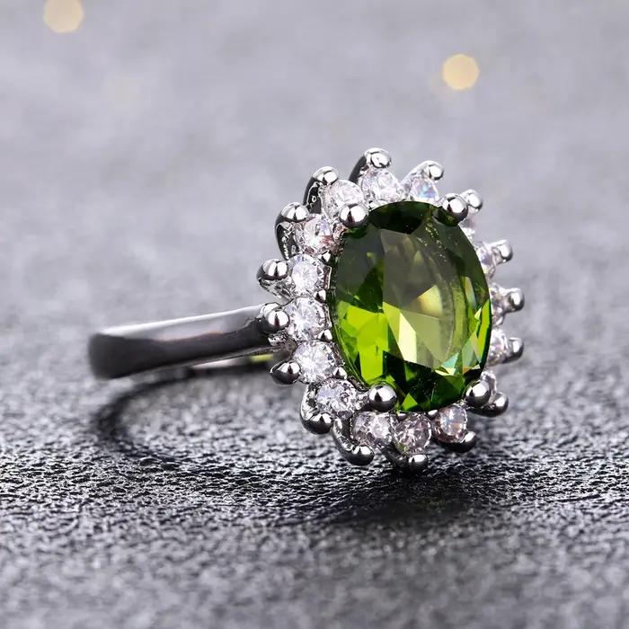 Bague rétro en argent pour femmes, bagues à fleurs avec pierres péridot brillantes, marque de luxe,