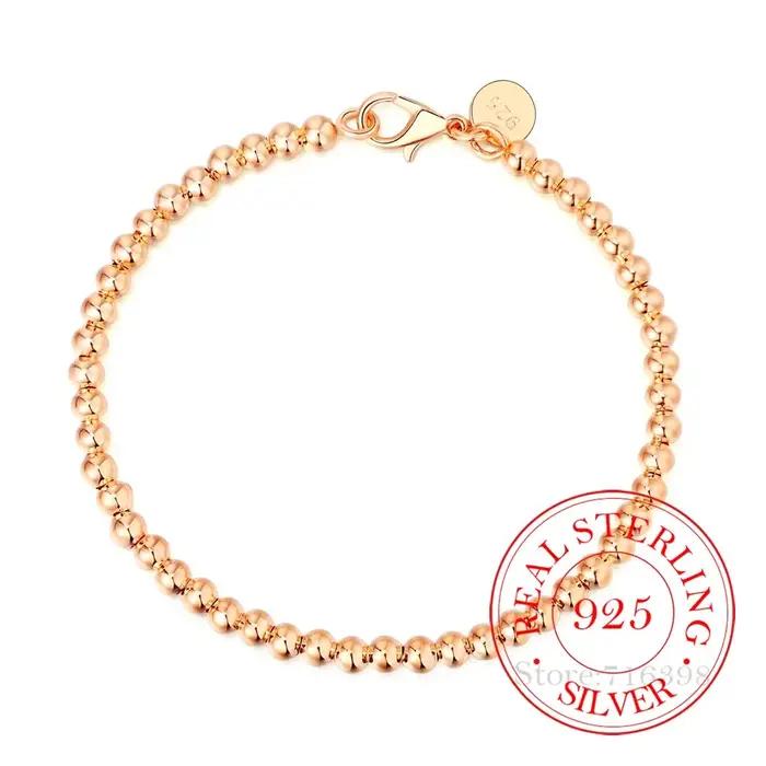 100% réel 925 Bracelet en argent Sterling pour femmes hommes Homme 4MM perles boule chaîne Bracelets