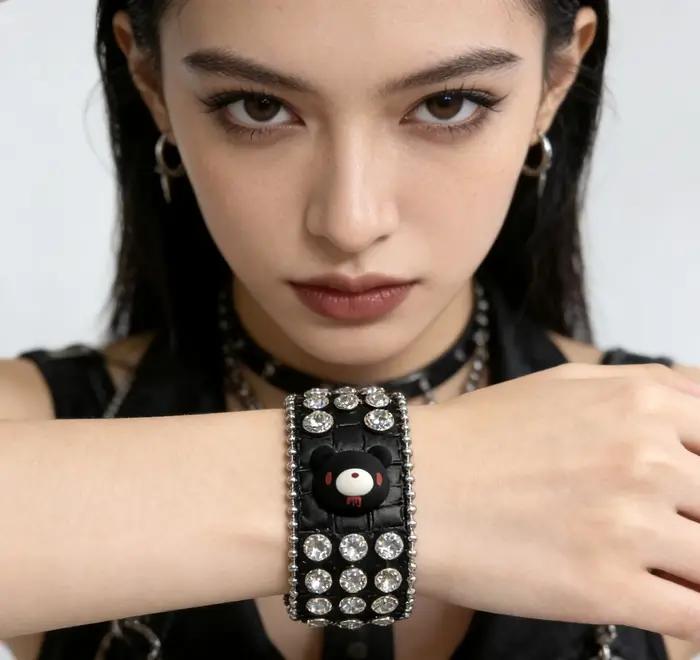 Bracelet Ours Punk Kawaii Scintillant Strass Rose Noir Pour Style Unique Occasions Spéciales