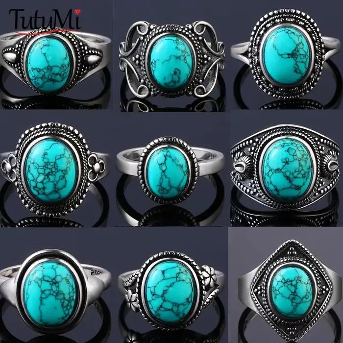 Bague vintage en argent sterling 925 sertie de pierre turquoise naturelle pour femmes et hommes occasions spéciales style mignon romantique design floral sculpté