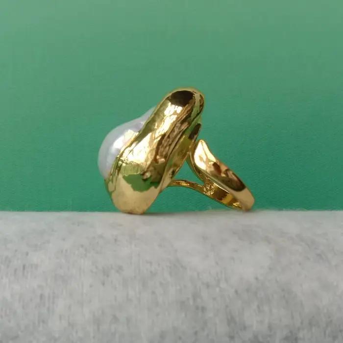 Bague plaquée or perle baroque blanche cultivée, taille réglable, 3 pièces