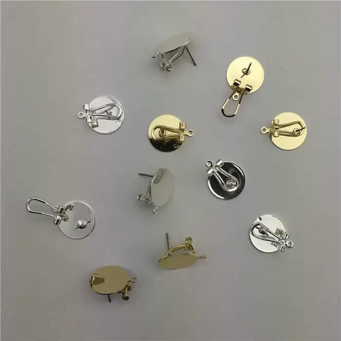 Réinitialisation d'oreille en métal doré et argenté avec épingle, clip d'oreille en cuivre, recherche de boucle d'oreille bricolage, document, 15mm, 20 pièces
