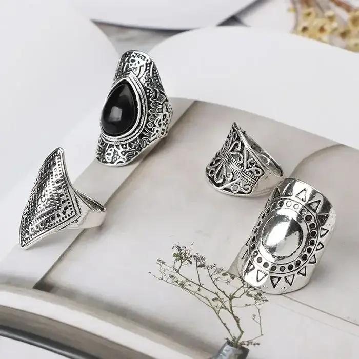 4 pièces/ensemble mode Vintage argent plaqué gitane Boho ethnique anneau creux sculpté strass Midi Knuckle anneaux femmes bijoux