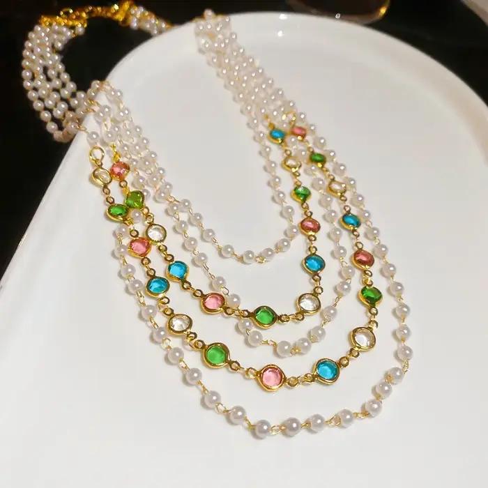 Collier de perles multicolores Dopamine chaîne de clavicule cristal multicouche élégant cadeau de luxe pour femmes occasions spéciales