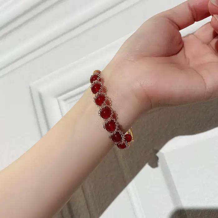 Bracelet en Agate Rouge Design Original Style Rétro Luxe Leger Bijoux pour Femmes Style Coréen Fait Main Tressé à la Main Occasions Spéciales