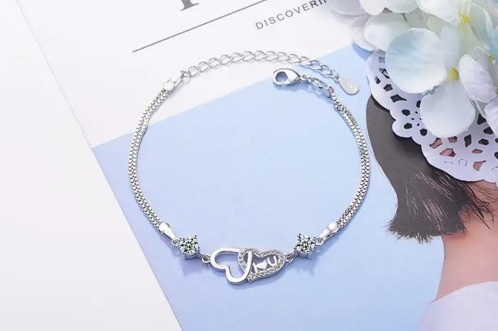 925 argent Sterling amour éternel coeur zircone Double couche chaîne Bracelet pour les femmes Pulseira Feminina S-b47