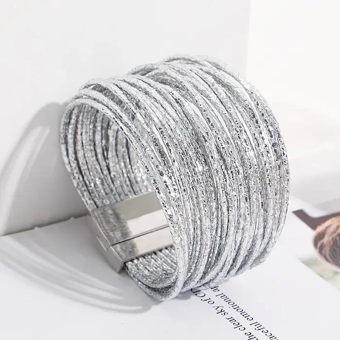 Amorcome Simple couleur mixte brillant Bracelets en cuir pour Femme mode Boho bandes multicouches large Bracelet