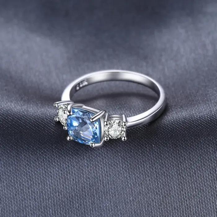 1.9ct carré naturel bleu ciel topaze 925 en argent Sterling 3 bague en pierre pour les femmes pierres précieuses bijoux