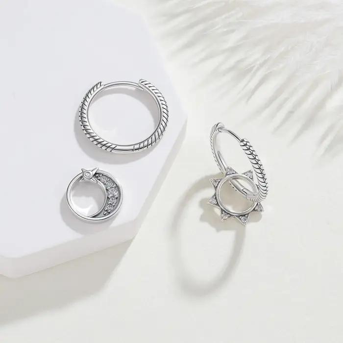 Boucles d'oreilles créoles soleil et lune en argent sterling 925