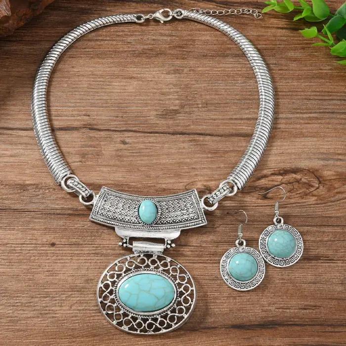 Ensemble de bijoux Imitation Turquoise, 2 pièces, collier et boucles d'oreilles de Style Vintage eur