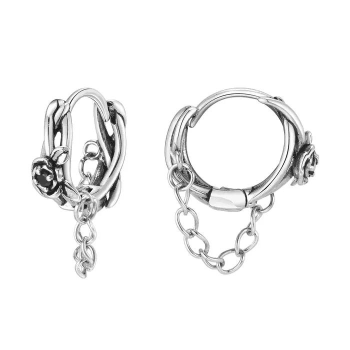 Boucles d'oreilles roses gothiques pour hommes et garçons, boucles d'oreilles créoles en forme de fleur avec pompon en pierre CZ noire, cadeau de bijoux punk