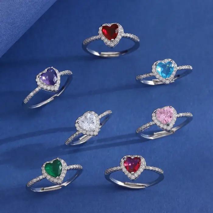Bague de luxe en cristal de cœurs colorés pour femmes