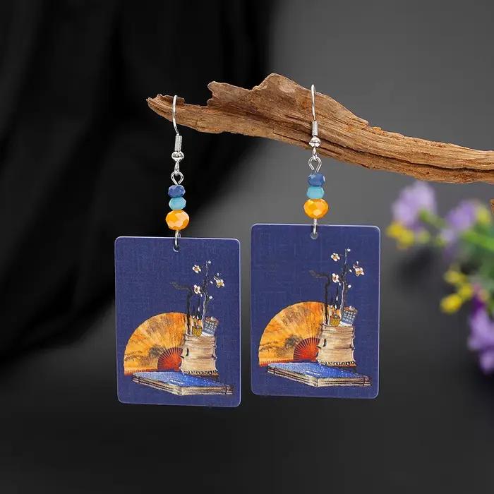 Boucles d'oreilles en acrylique en forme d'éventail à motif de fleurs colorées pour femmes, style vintage, légères, charmantes, bijoux élégants à porter au quotidien