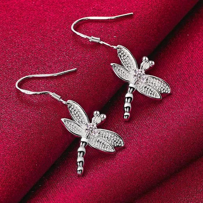 Boucles d'oreilles libellule exquises en argent Sterling 925 de luxe
