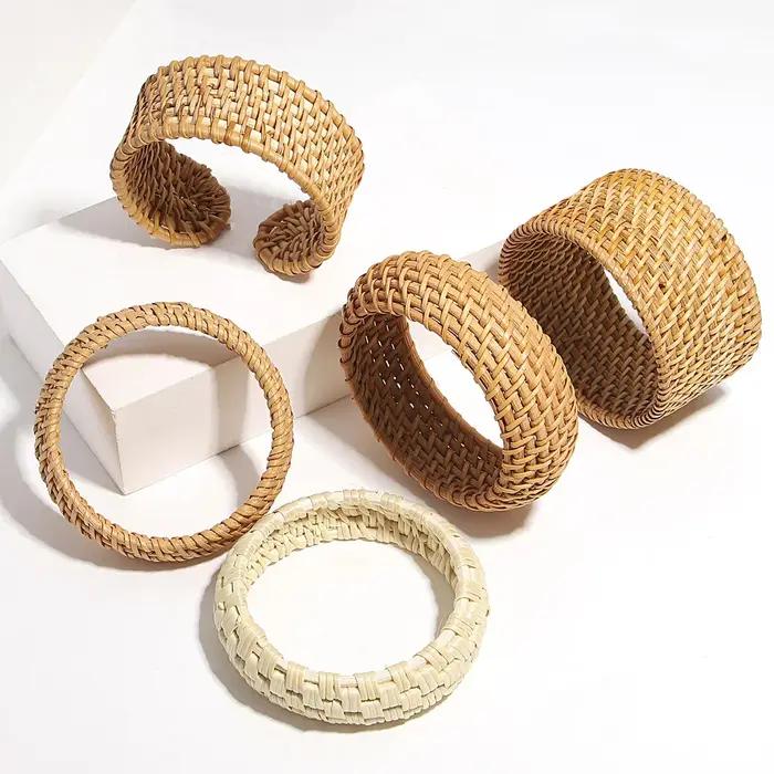 ALLYES Boho bois bambou rotin tissage Bracelet pour femmes plage bijoux Vintage à la main large enveloppe poignet