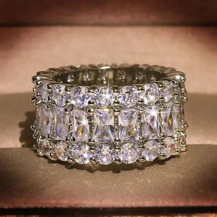Bague grande bande couleur argent Sterling S925 avec pierre de Zircon scintillante pour femmes, bijo