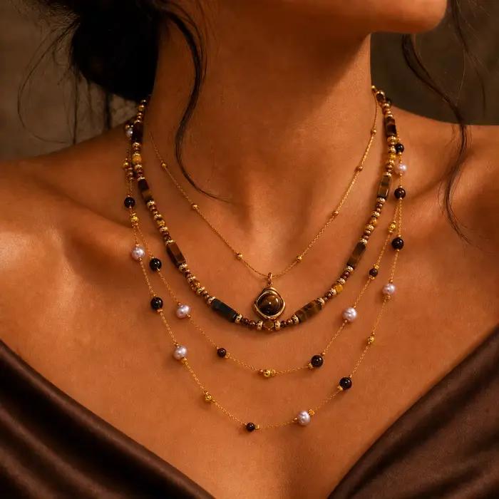Ensemble de colliers superposés en imitation perle œil de tigre Maillard pour femmes, 3 pièces, chaîne en acier inoxydable perlée, bijoux élégants vintage, cadeau