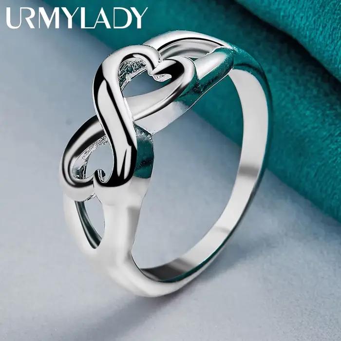 Bague en argent sterling 925 double coeur pour femmes occasions spéciales mariage style moderne amour éternel