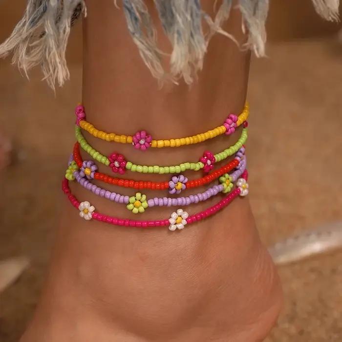 Bracelets de cheville colorés style Boho, 5 pièces, perles de fleurs faites à la main, pour femmes e