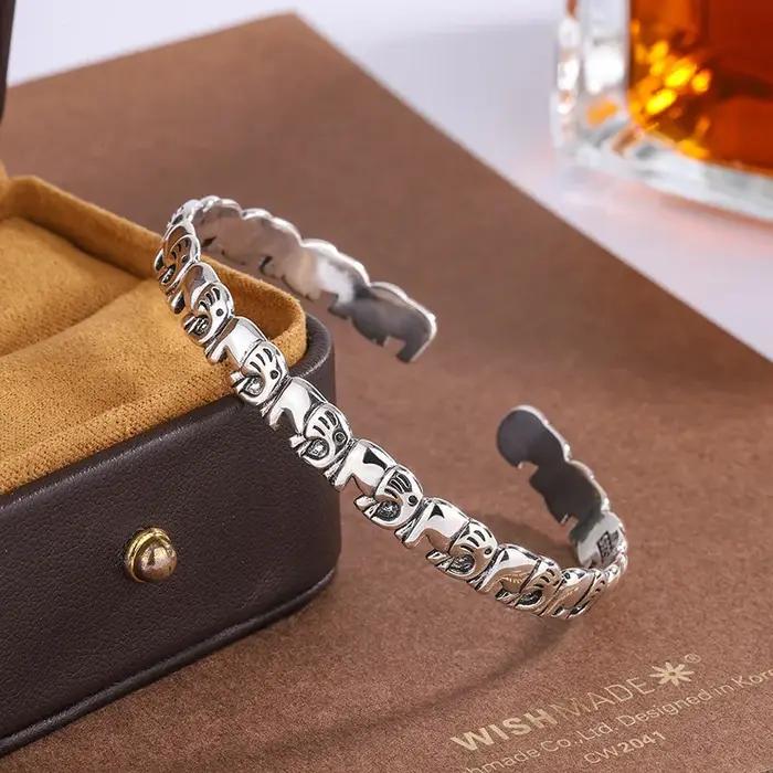Nouveauté Bracelets Ouverts en Argent Sterling 925, Motif Groupe d'Éléphants Mignons et Bébés Élépha