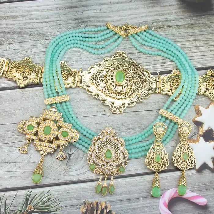 Sunspicems couleur or marocain Caftan ceinture taille chaîne femmes perles chaîne collier ras du cou longue boucle d'oreille arabe mariée bijoux de mariage