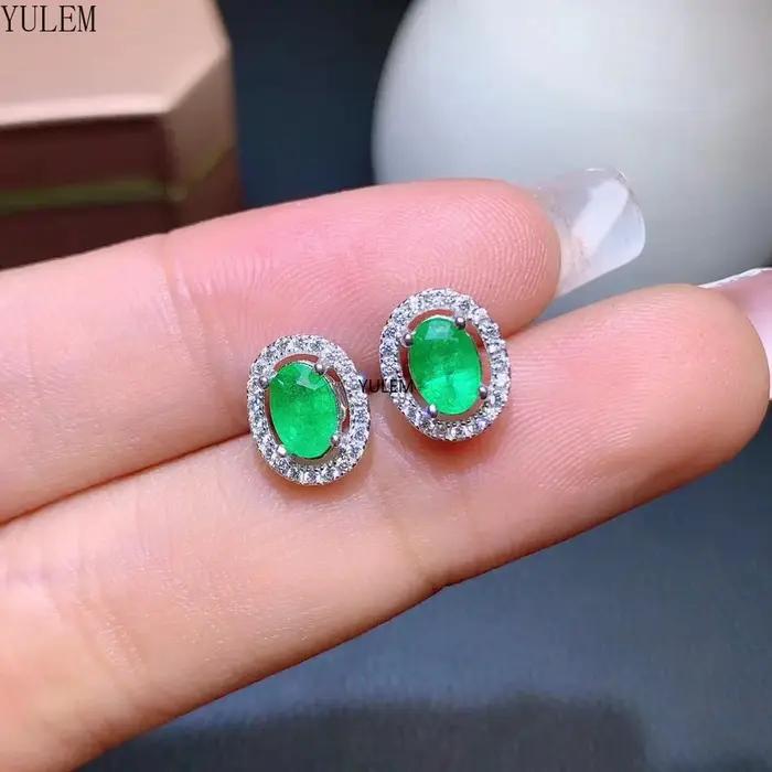 Boucles d'oreilles en argent sterling 925 et émeraude naturelle ovale pour femmes occasions spéciales élégantes