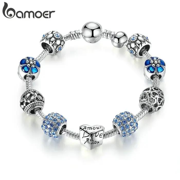 BAMOER – Bracelet à breloques plaqué argent avec perles d'amour et de fleurs