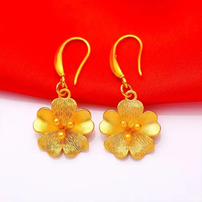 Véritable 18k couleur or fleur longue boucle d'oreille pour les femmes mariée mariage usage quotidie