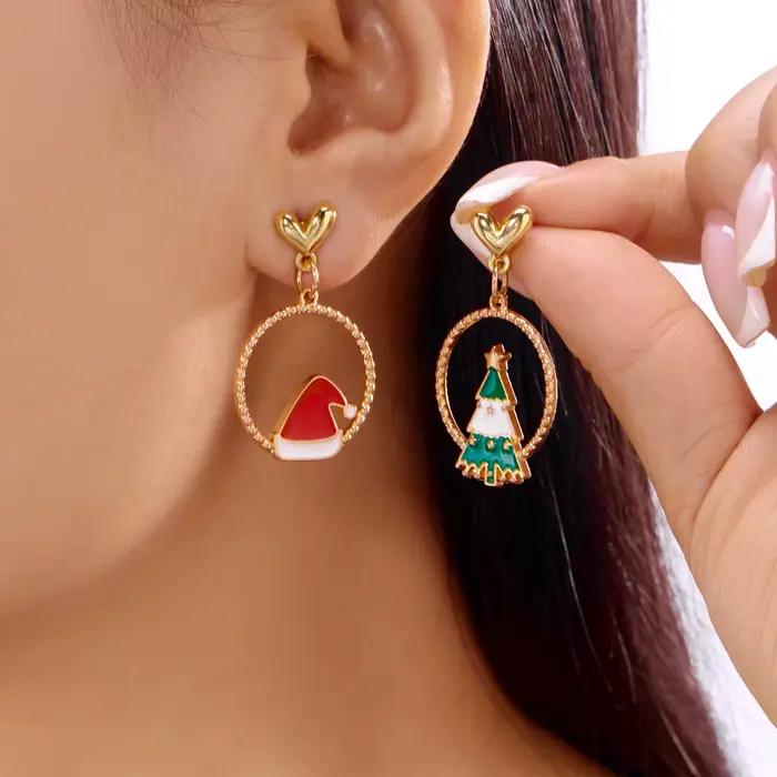 Boucles d'oreilles rouges pour femmes, chapeau étoile d'arbre de noël, goutte d'eau, bijoux délicats, boucles d'oreilles, cadeaux de noël