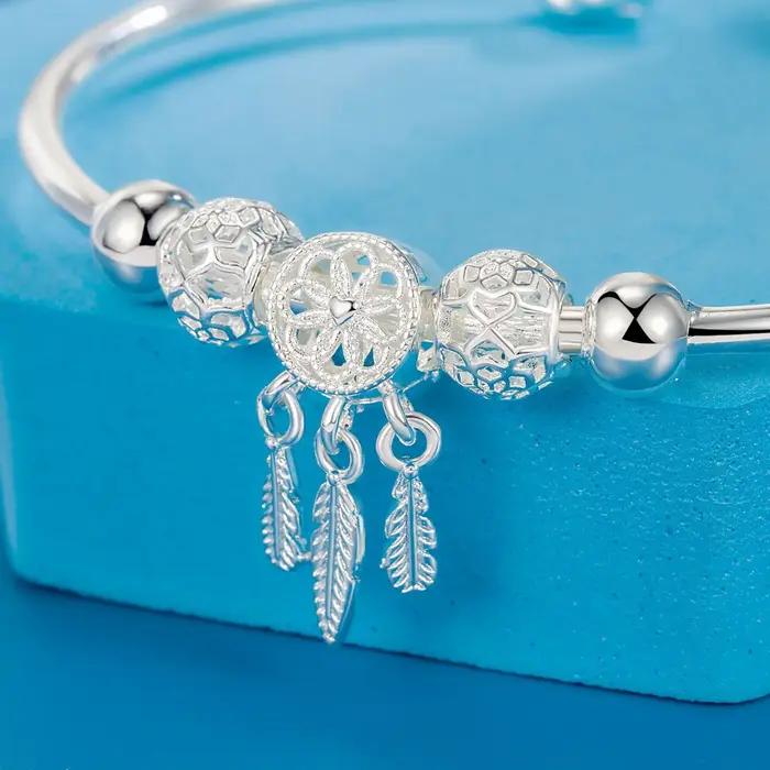 Bracelet en argent Sterling 925 attrape-rêves perles feuilles pompon élégant pour femmes occasions spéciales cadeau