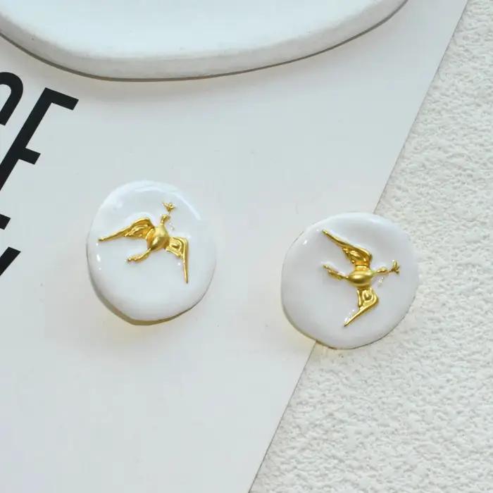 Boucles d'oreilles rondes en alliage simple, émail noir et blanc avec oiseaux dorés, bijoux à la mod