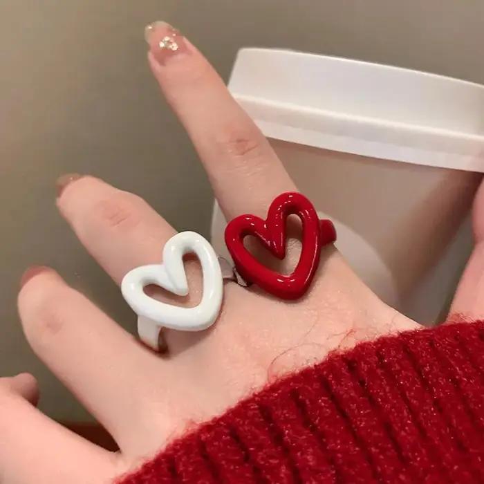 LATS – bague en forme de cœur en émail blanc et rouge pour femmes et filles